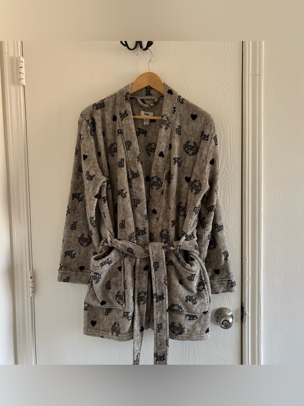 PINK VS Gray Plush Robe M/L Cozy Fleece Belted Lounge